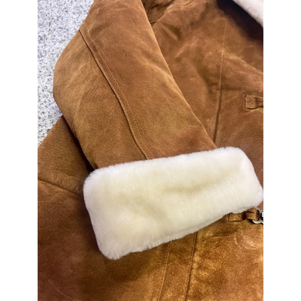 Suede Vintage Sherpa Lined Hooded Toggle Leather Coat Brown Womens Size M - Picture 13 of 14